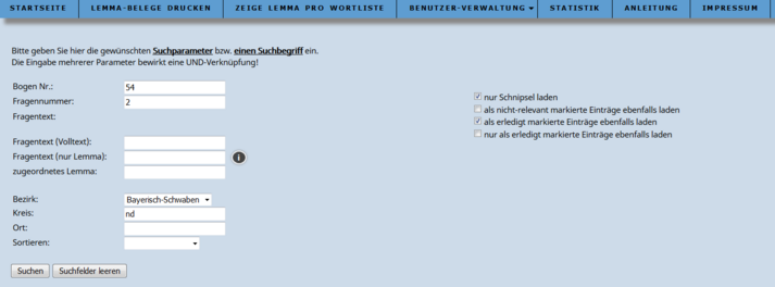 Ausschnitt aus der Datenbank des Bayerischen Wörterbuchs (Suchfunktionen)